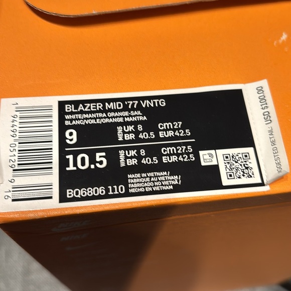 Nike Blazer Mid ‘77 Vintage Mens 9 Women’s 10.5 Orange-White-Sail - Picture 8 of 8